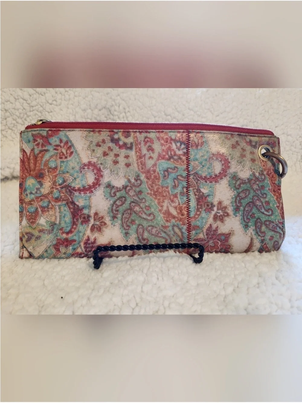 hobo Paisley Pattern Zip Clutch in Teal, Coral & Cream